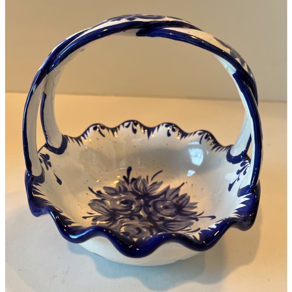 Vintage Portugal Blue and White Floral Ceramic Basket
